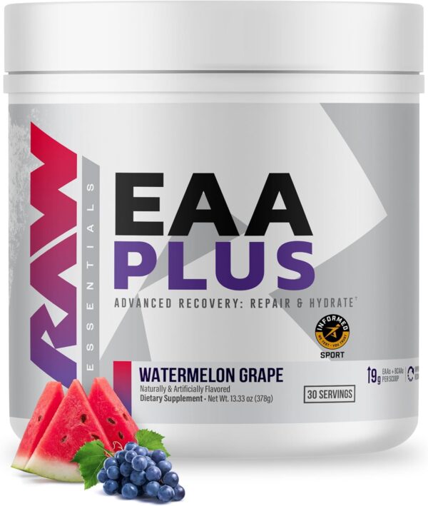 RAW EAA Plus, Amino Acids Powder, Watermelon Grape (30 Servings) – Pre Workout Amino Energy Powder for Advanced Endurance, Recovery & Lean Muscle Growth – BCAA Amino Acids Supplement for Men & Women